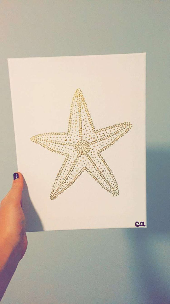 570x1014 Gold Starfish Painting Acrylic On Canvas Pointillism Cute, Simple - Starfish Painting Canvas