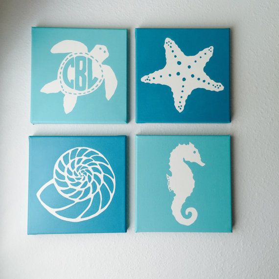 570x570 Set Of 4 Nautical Canvas Paintings Monogrammed Sea Turtle - Starfish Painting Canvas