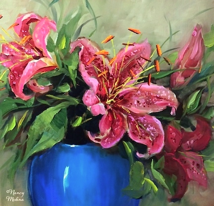 432x415 Nancy Medinart Warm Hearts Stargazer Liliesnd Packing - Stargazer Lily Painting