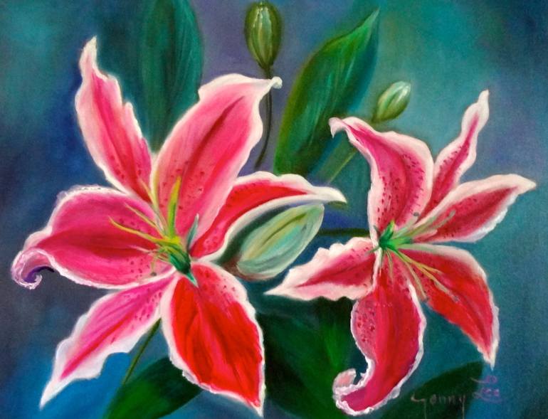 770x589 Saatchi Art Stargazer Lilies Painting By Jenny Jonah - Stargazer Lily Painting
