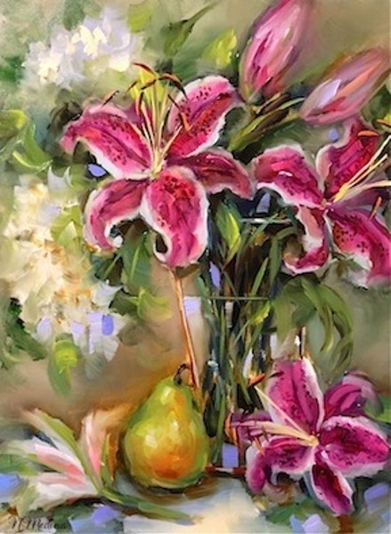 439x600 Stargazer Lily And Pear By Texas Flower Artist Nancy Medina By - Stargazer Painting
