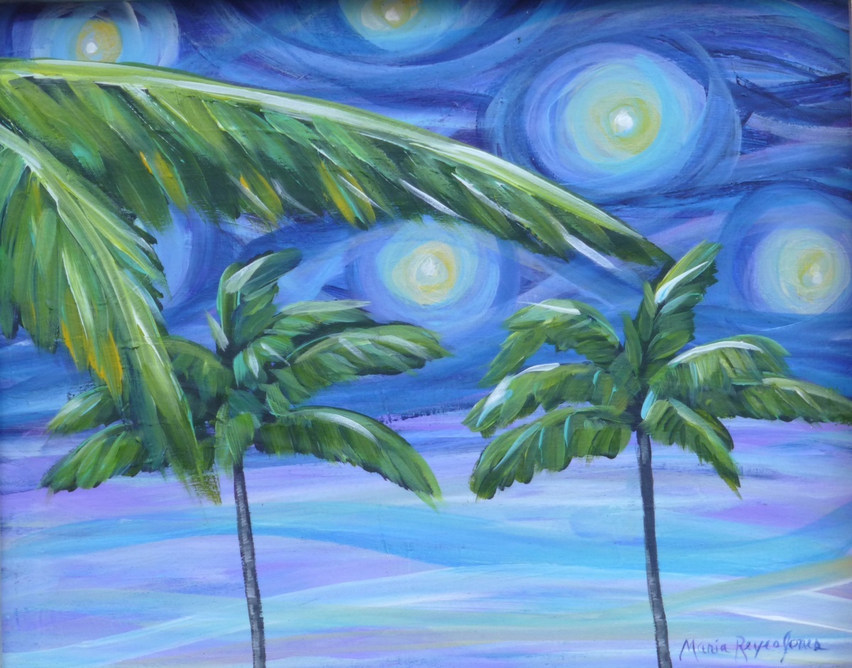 1200x940 Painting Palms In Starlight (Wide Silver Frame) (Original Art - Starlight Painting