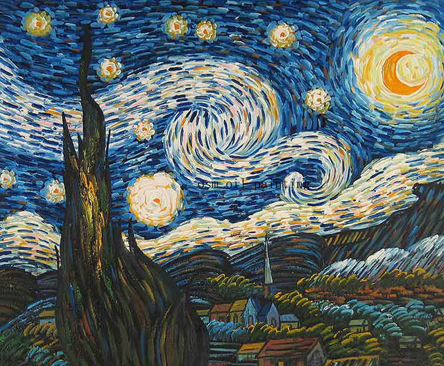 640x528 Hand Painted High Quality Starry Night Landscape Oil Painting - Starry Night Painting