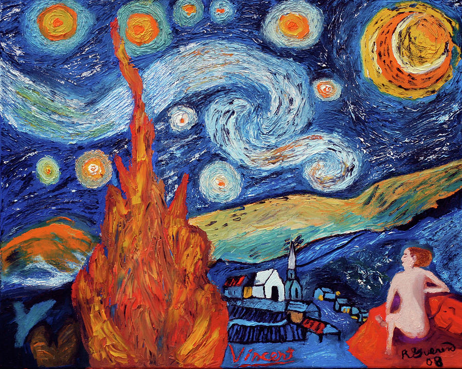 900x720 Fire On Starry Night Painting By Ron Guerin - Starry Night Painting Location