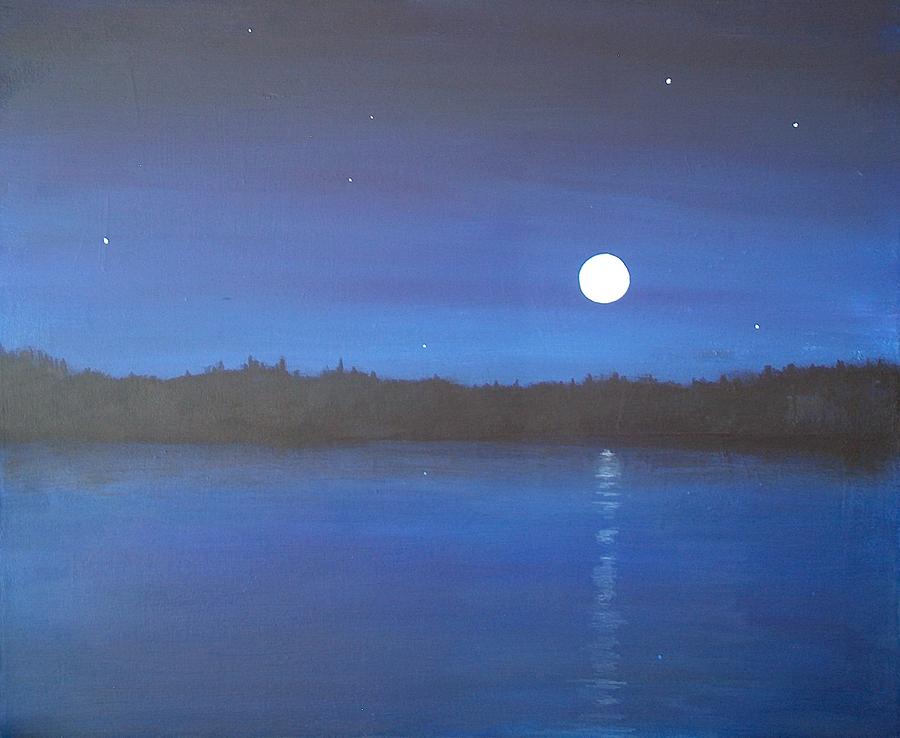 900x738 Moon And Stars Reflected Painting By Denise Hoff - Stars And Moon Painting