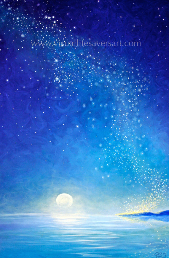 570x873 The Birth Of Souls Print, Stars, Moon, Water, Blue - Stars And Moon Painting