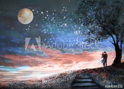 500x359 Fantasy Illustration With Night Sky And Milkyway, Stars Moon - Stars And Moon Painting