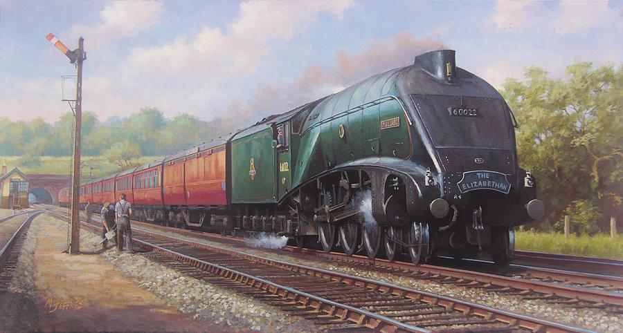900x482 Mallard On The Elizabethan. Painting By Mike Jeffries - Steam Engine Painting