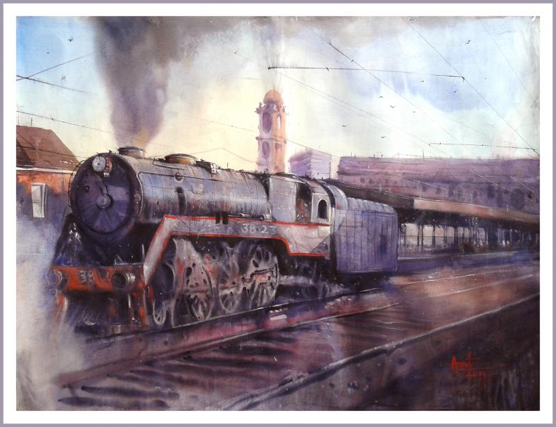 800x615 Steam Engine By Artist Amit Kapoor Cityscape Art Watercolor - Steam Engine Painting