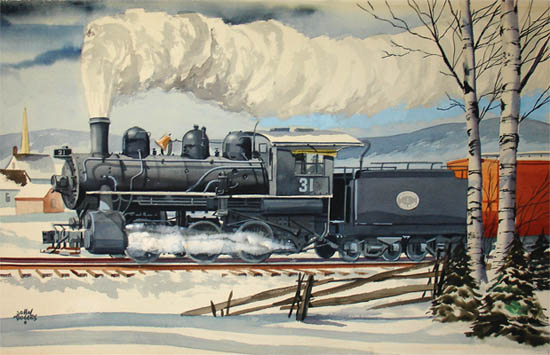 550x355 Transportation, Railroad Train, Art, Locomotives, John Rogers - Steam Engine Painting