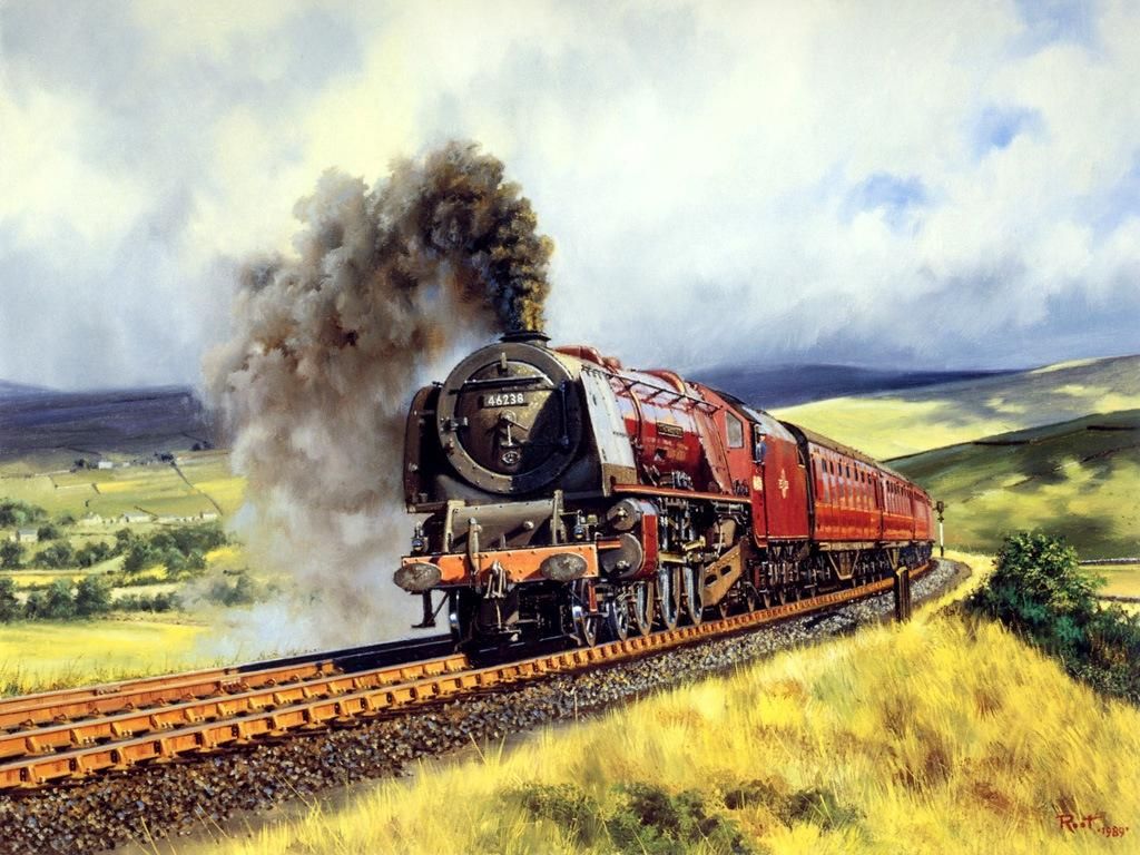1024x768 Free Picture Art Railroad Art Oil Painting Art Train Journeys - Steam Engine Painting