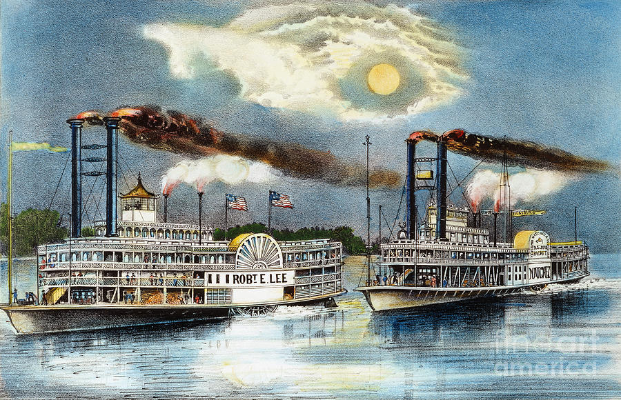 900x580 Steamboat Race, 1870 Painting By Granger - Steamboat Painting