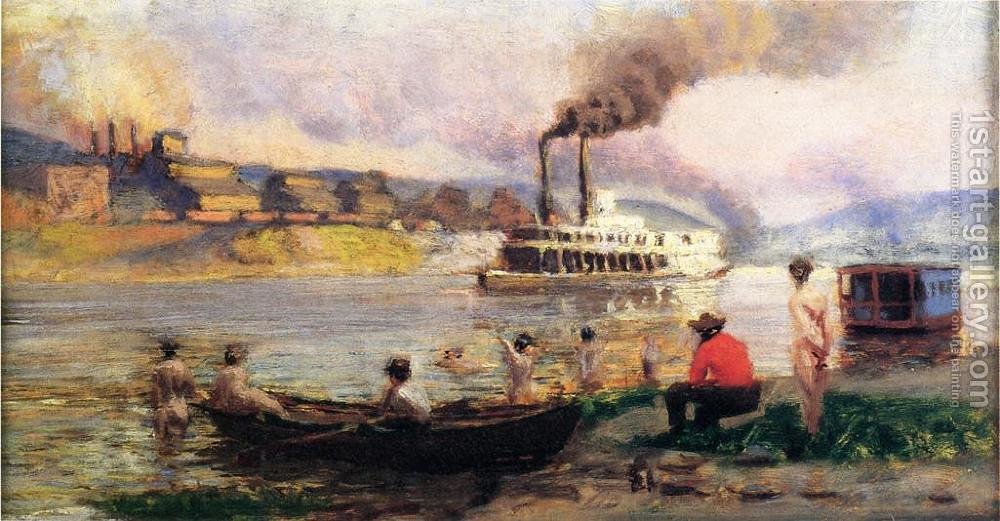 1000x521 Steamboat On The Ohio I Thomas Pollock Anschutz Reproduction 1st - Steamboat Painting