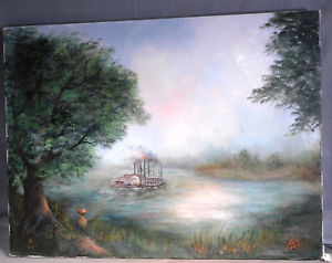 300x238 Vintage Modern Oil Painting Ohio River Steamboat Side Wheeler John - Steamboat Painting
