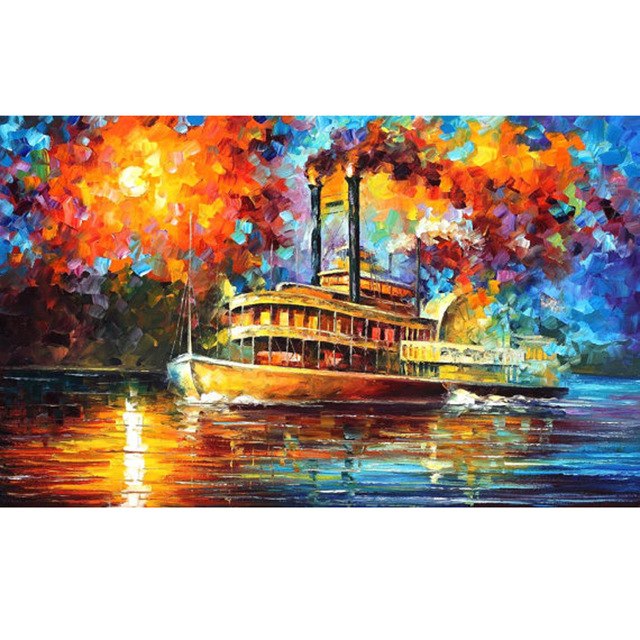 640x640 Hand Painted Landscape Abstract Steamboat Painting Knife Modern - Steamboat Painting