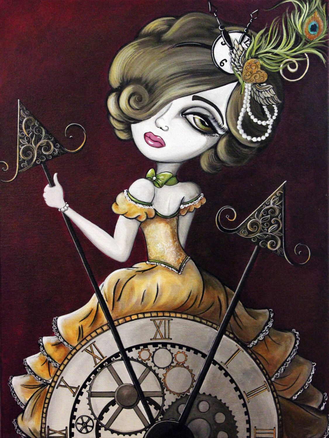 1126x1500 Original Painting Steampunk Girl On Clock By Lizzy Falcon Big - Steampunk Girl Painting