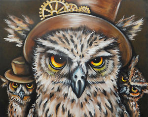 300x238 Olie Griffard Original Painting Steampunk Horned Owls Cogs Gears - Steampunk Owl Painting