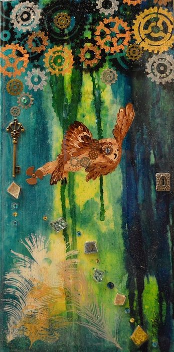 347x700 Original Steampunk 2 D Mixed Media Art By Mimi Stirn. Us - Steampunk Owl Painting