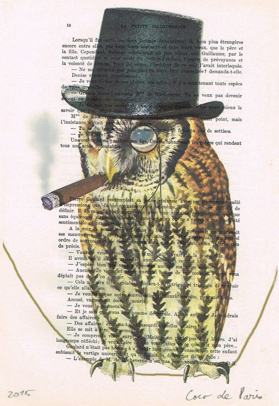 570x828 Steampunk Owl Smoking Art Poster Digital Art Original - Steampunk Owl Painting