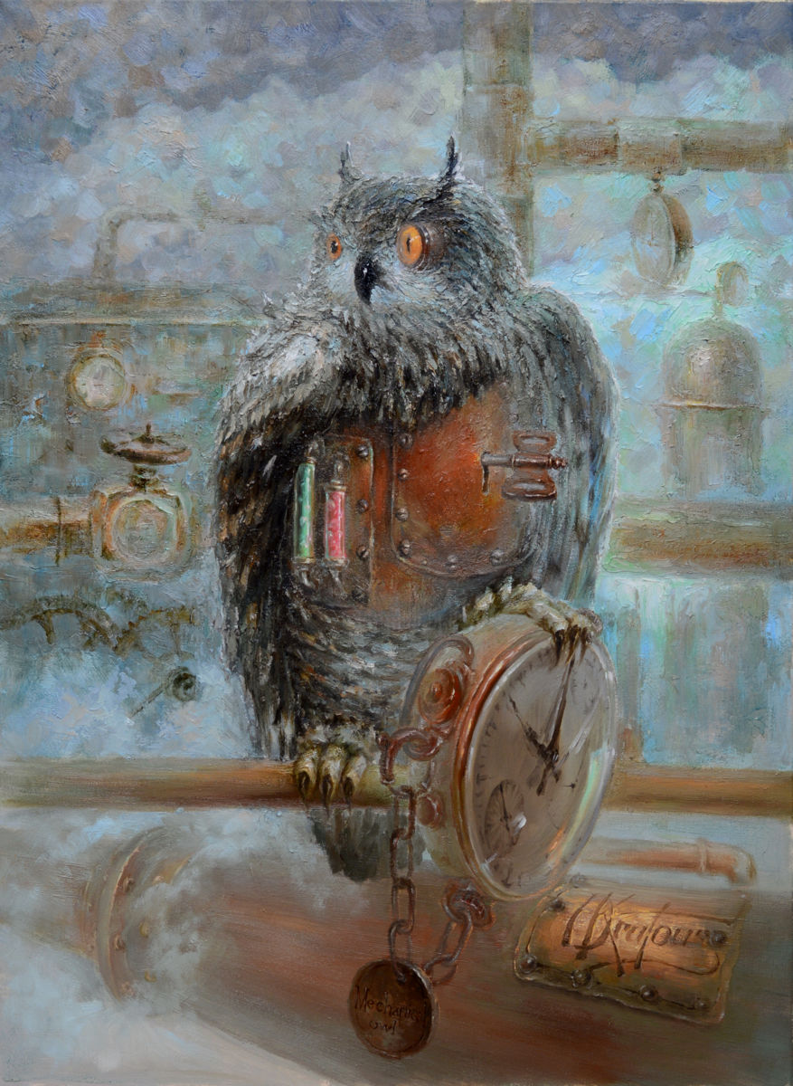 877x1200 Mechanical Owl (Dmitry Krutous) - Steampunk Owl Painting