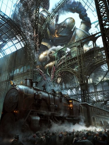 375x500 Steampunk Painting Fantasy Art Rail Road Train 24x18 - Steampunk Painting