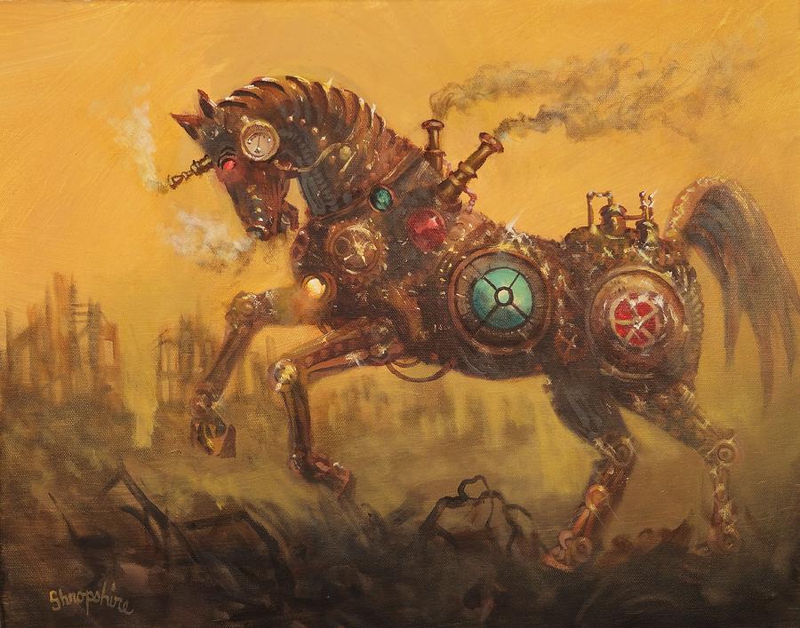 900x707 Steampunk War Horse Painting By Tom Shropshire - Steampunk Painting
