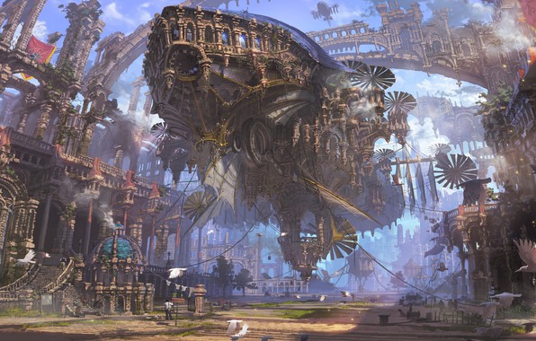 596x380 Wallpaper City, Fantasy, Airship, Birds, Street, People, Painting - Steampunk Painting City