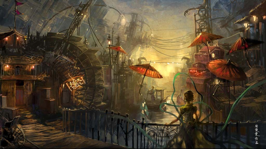1024x577 Jetsam City Ii By Comics Amp Fantasy Art - Steampunk Painting City