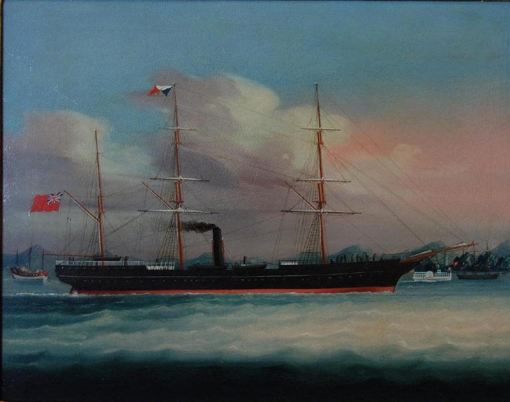 1000x789 Fine 19thc Chinese Export Ship Painting, Chusan - Steamship Painting
