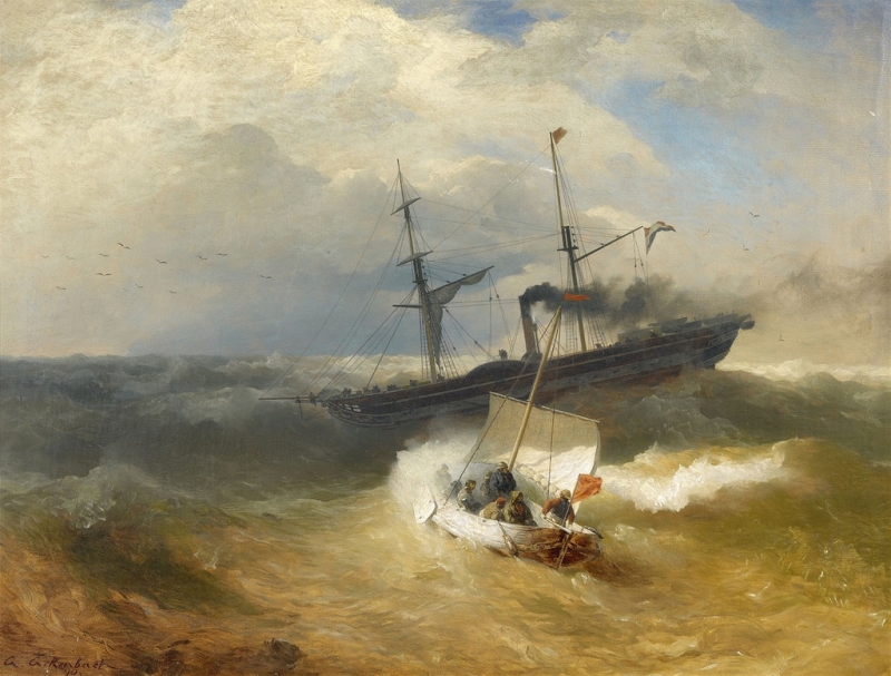 800x607 Steam Ship And Sailing Boat In Rough Seas Painting Andreas - Steamship Painting