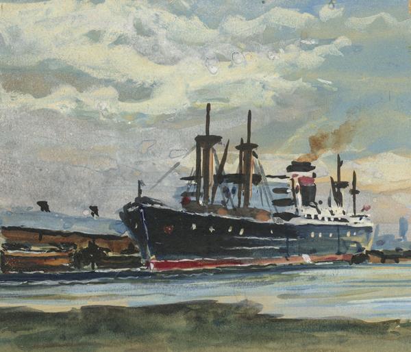 600x514 Steamship In Dock Miniature - Steamship Painting
