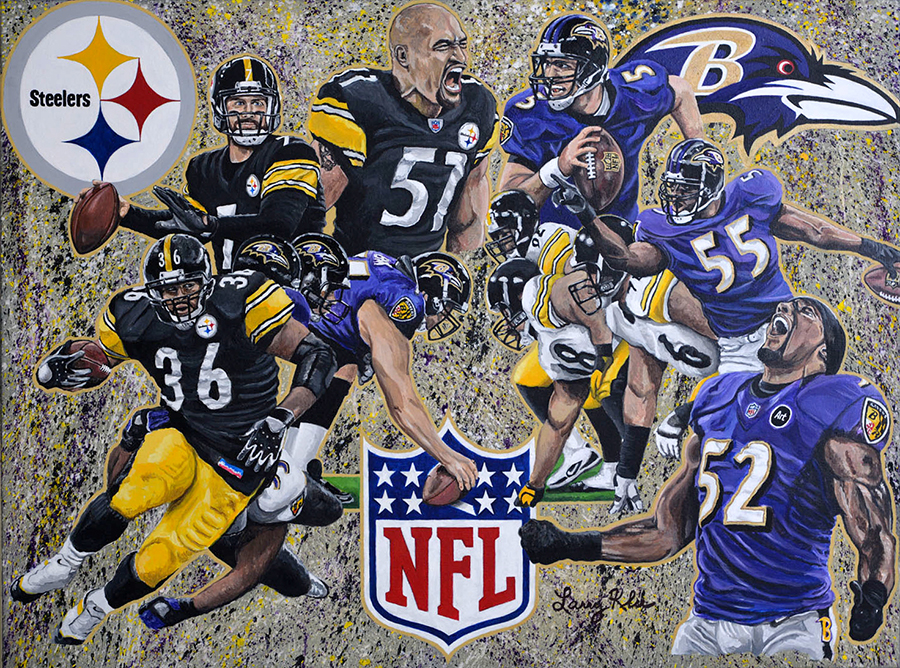 900x668 Turf War Ravens Vs Steelers By Larry Klukaszewski - Steelers Painting
