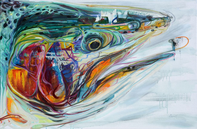 650x427 Abstract Fly Fishing Art Fine Angler Art By Becca Schlaff - Steelhead Painting