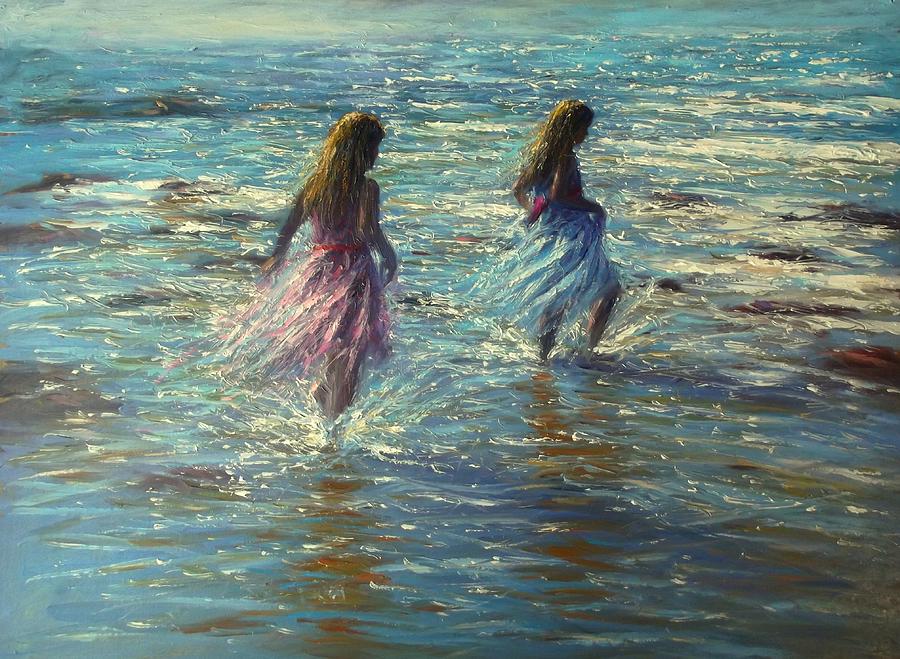 900x659 Girls Heading To The Waves Painting By Steven Jones - Steve Jones Painting