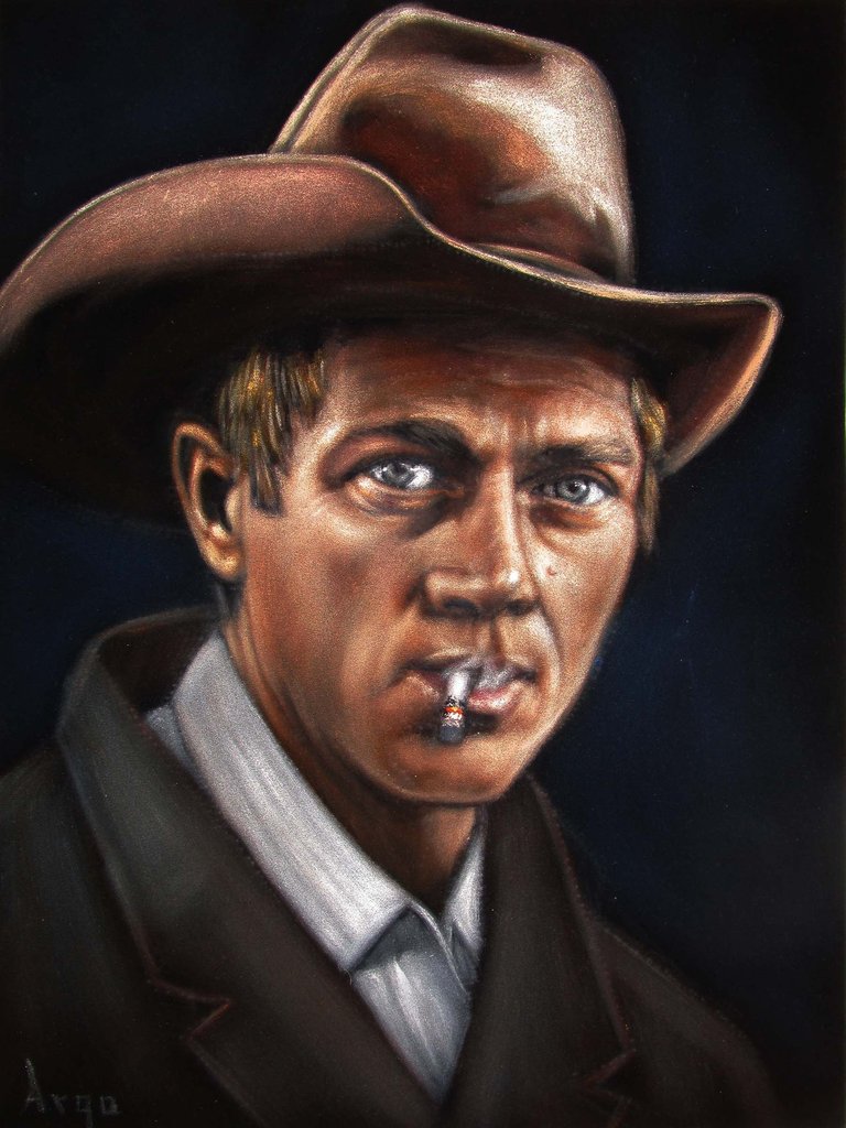 768x1024 Steve Mcqueen Portrait, Original Oil Painting On Black Velvet By - Steve Mcqueen Painting