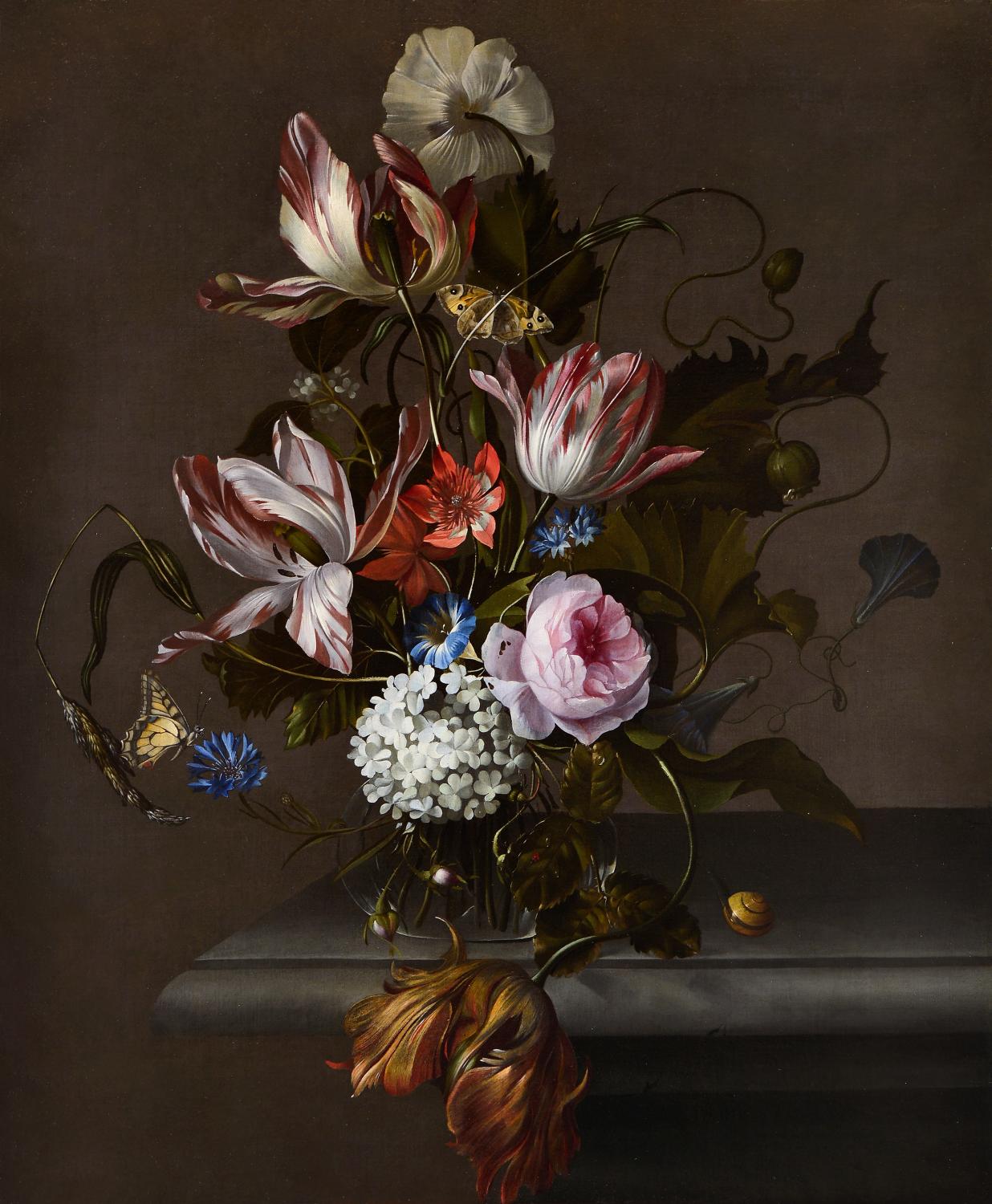 1236x1500 Still Life Of Flowers In A Glass Vase On A Stone Table Ledge - Still Life Flower Painting
