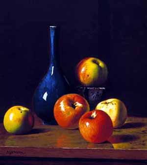 300x338 Five Apples And A Blue Bottle,still Life Paintings - Still Life Painting Artists