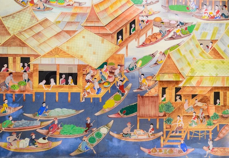 800x551 Thai Mural Painting Of Floating Market On Temple Wall Stock - Stock Market Painting