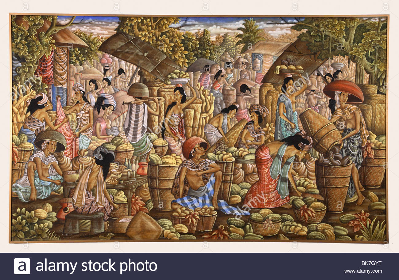1300x914 Balinese Painting Showing A Market Scene, Ubud School, Bali Stock - Stock Market Painting