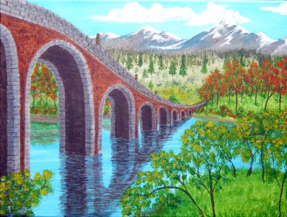 570x430 Reduced! Stone Arch Bridge Painting On Canvas 12 X 16 River - Stone Arch Bridge Painting