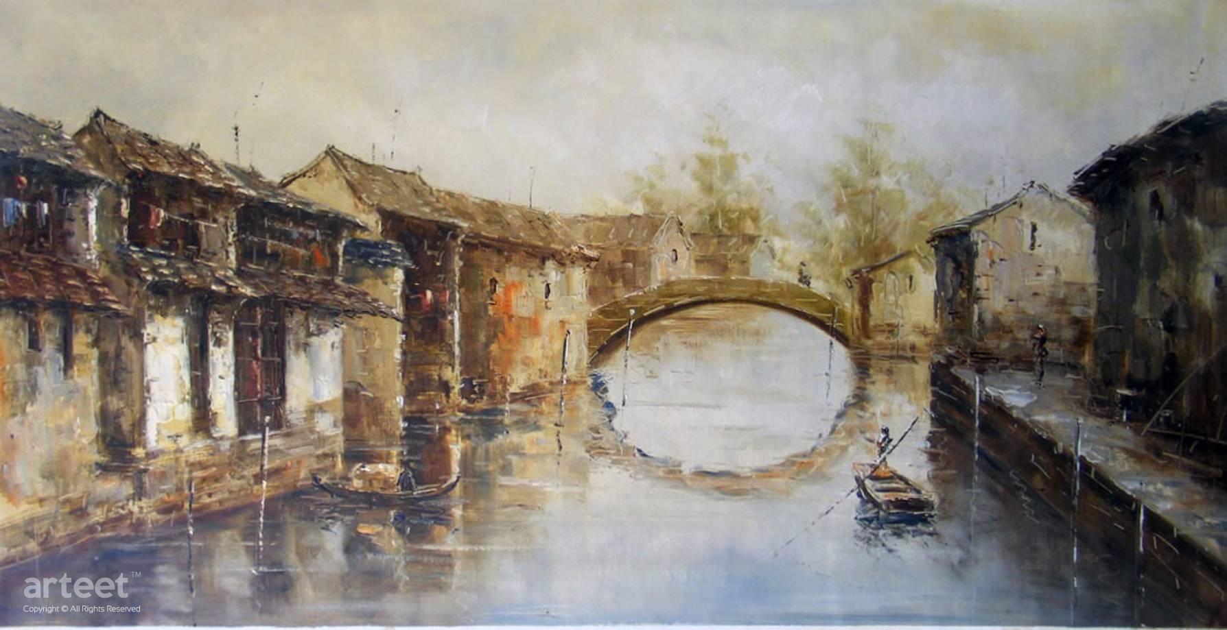 1788x919 Stone Arch Bridge In Tongli Art Paintings For Sale - Stone Arch Bridge Painting