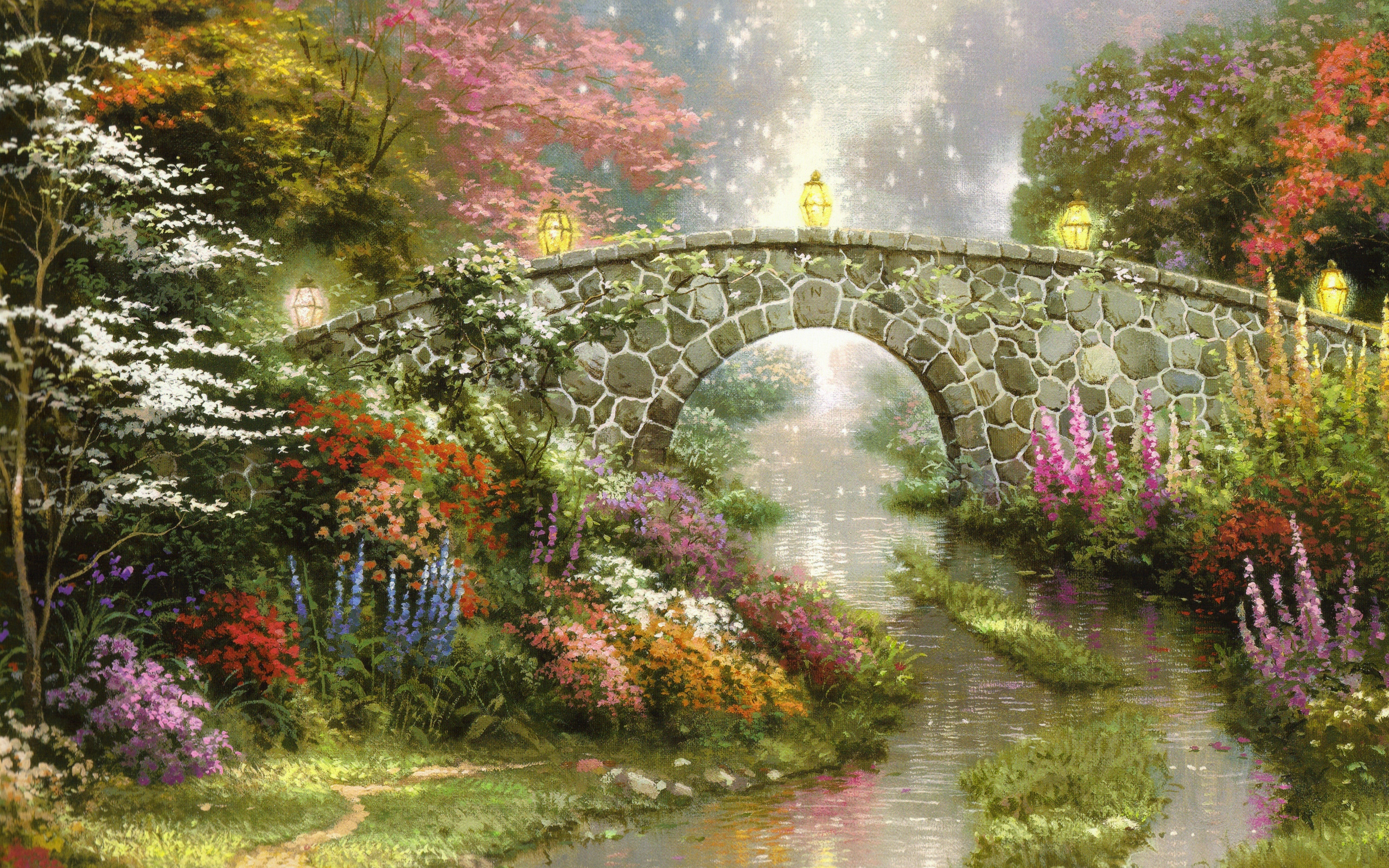 2560x1600 Download Wallpaper 2560x1600 Bridge, Stone, Arch, Painting, Art - Stone Arch Bridge Painting