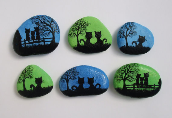 570x392 Painted Stone Cat Magnet Rock Painting Cat Art Hand - Stone Painting