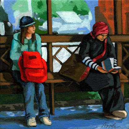 415x416 Women @ Bus Stop, City Street, Daily Contemporary, Oil Painting - Stop Painting