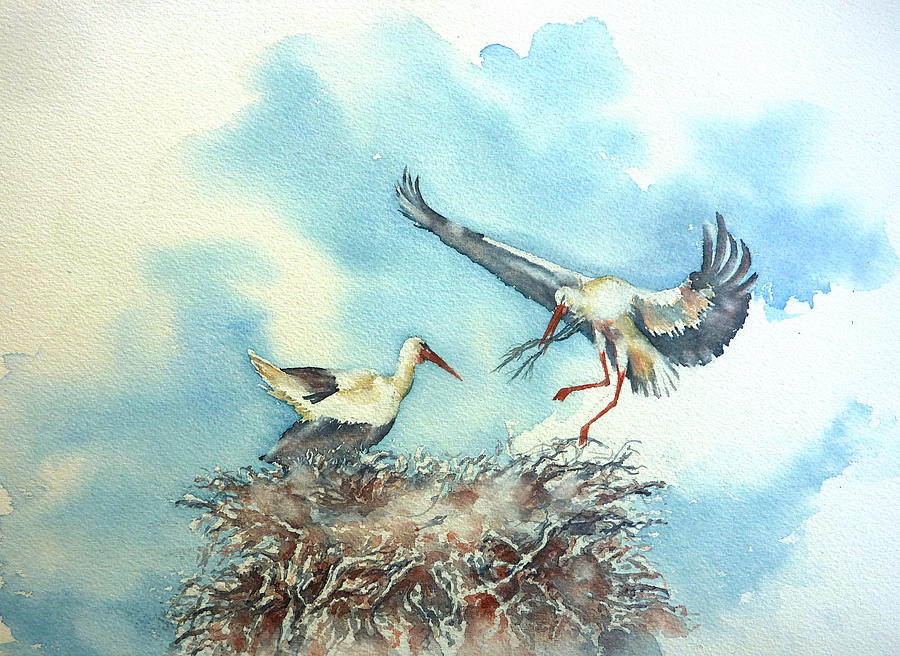 900x656 Stork Nest Painting By Thomas Habermann - Stork Painting