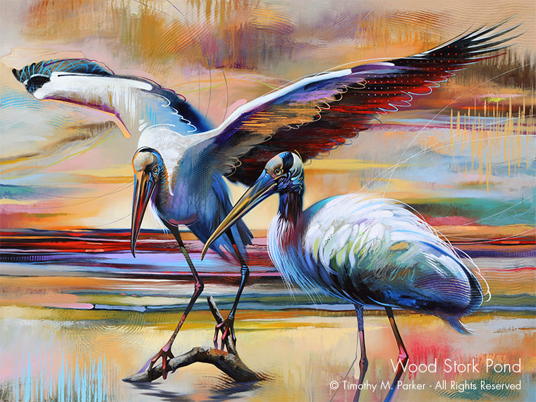 760x570 Wood Stork Pond Abstract Bird Fine Art Print Art2d Gallery - Stork Painting