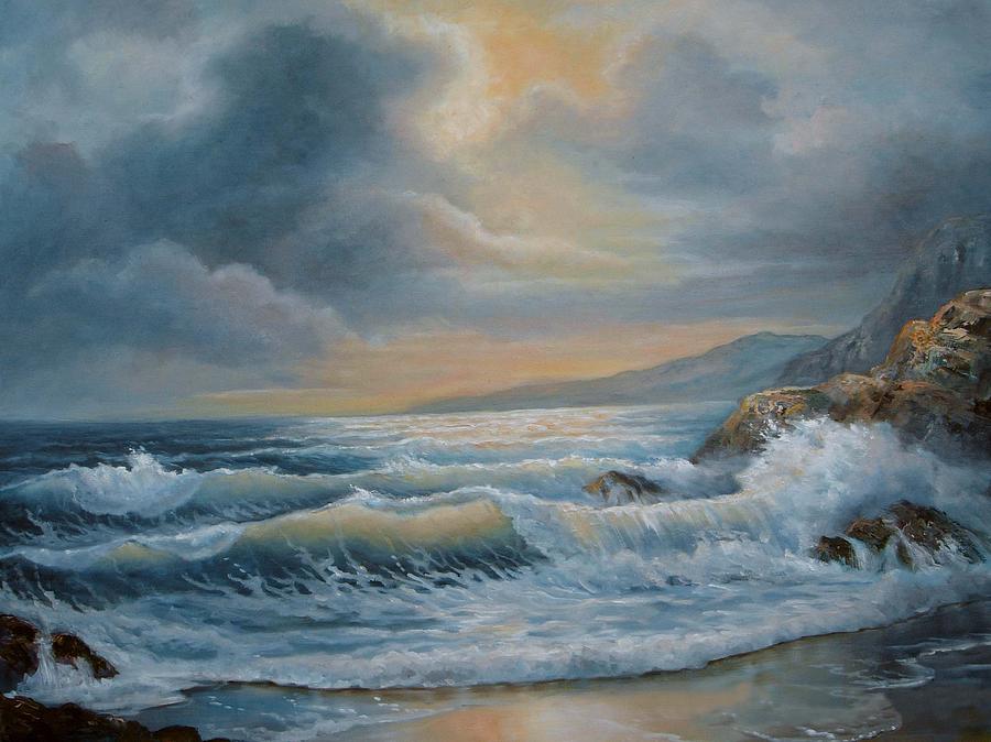 900x674 Ocean Under The Evening Glow Painting By Regina Femrite - Stormy Beach Painting