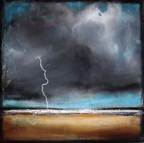 475x471 Sept 21 Stormy Beach W Lightning Original Painting 10x10, Painting - Stormy Beach Painting