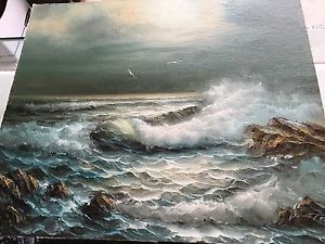 300x225 Signed Oil Painting On Board Stormy Beach Wave Ocean Scene Blue - Stormy Beach Painting