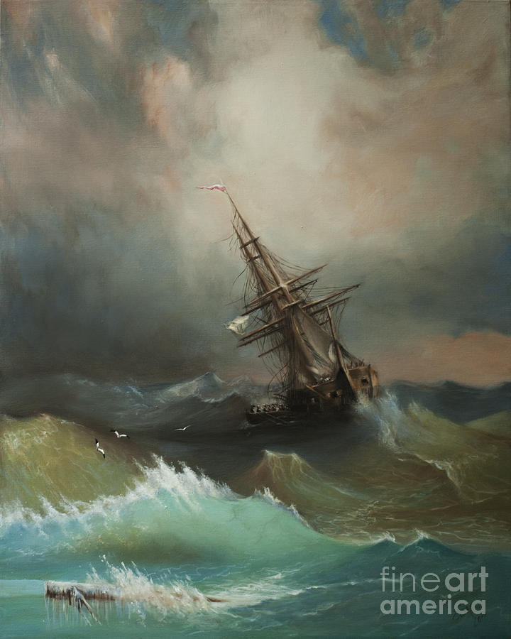 720x900 Copy Of Ship In A Stormy Sea Painting By Emily Macoy - Stormy Beach Painting